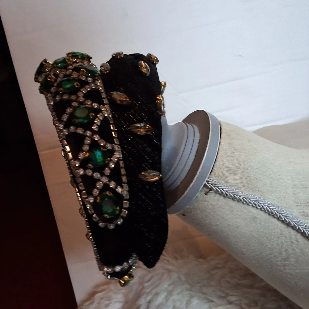 Set of 2 Jeweled Headbands Black Velvet Emerald Green Rhinestone Luxe Glam